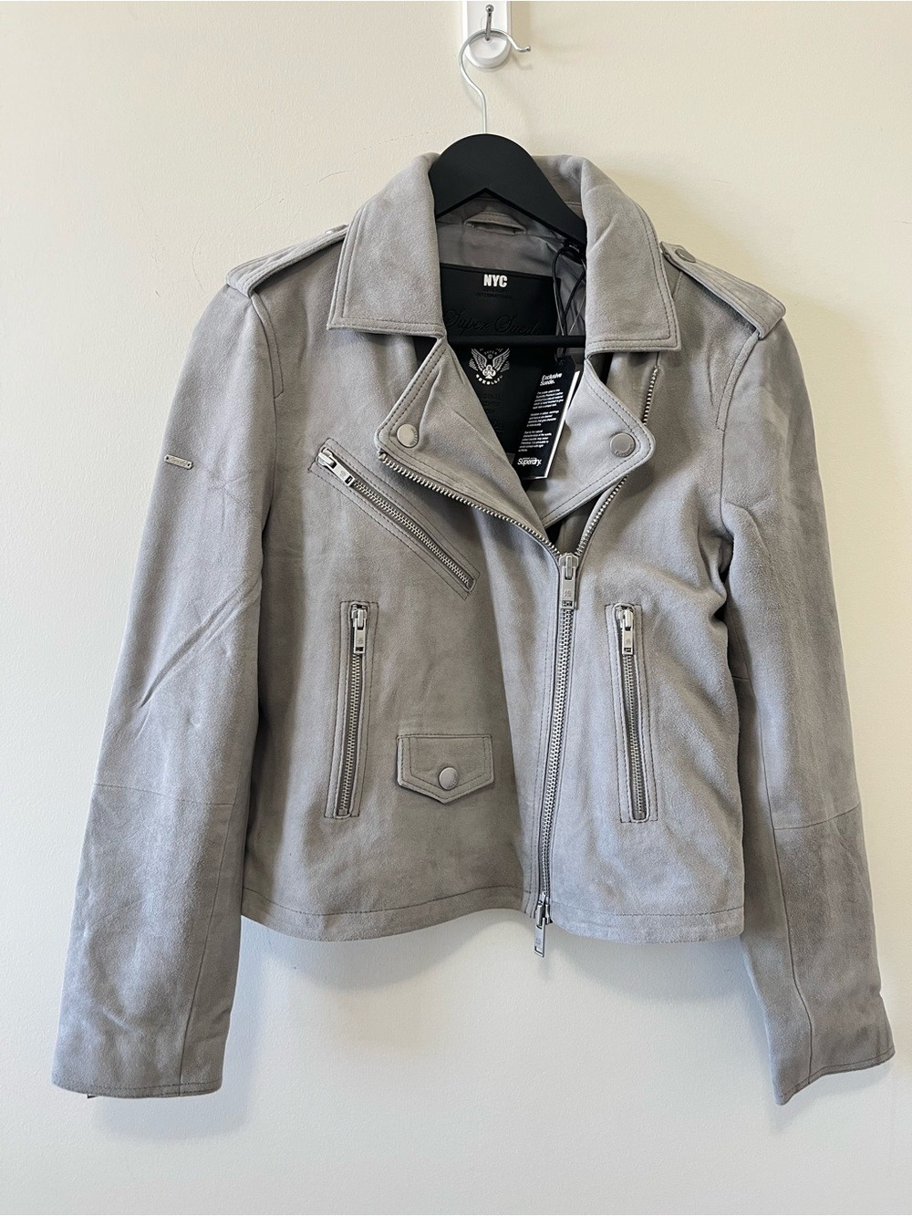 Superdry Grey Suede Biker Moto Jacket Size M